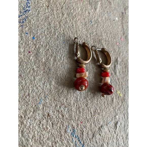 Vintage Earrings Hoop Faux Stone Red Silver Tone Pierced - Picture 3 of 7